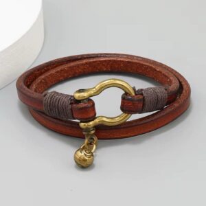 Handmade Vintage Leather Bracelet Cowhide Double Loop Bangle Horseshoe Buckle bracelet2