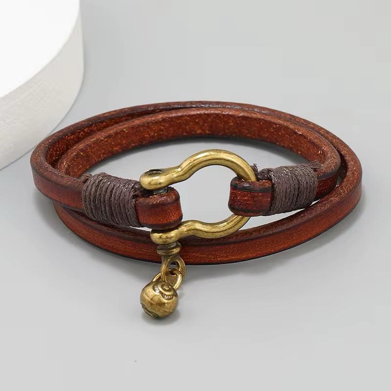 Handmade Vintage Leather Bracelet Cowhide Double Loop Bangle Horseshoe Buckle bracelet2