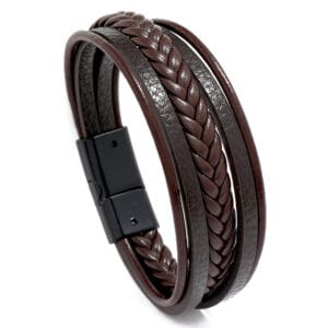 High quality trendy leather multi layer woven rope bracelet with magnetic snap button men’s bracelet(brown)