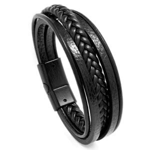 High quality trendy leather multi layer woven rope bracelet with magnetic snap button men’s bracelet(black)