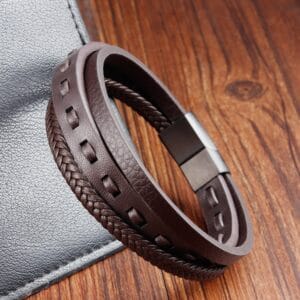 Vintage trendy Men Brown leather bracelet for men braided genuine leather
