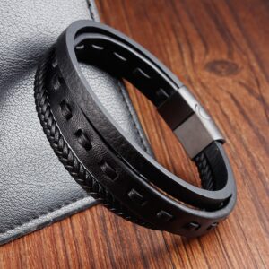 Vintage trendy Men Black leather bracelet for men braided genuine leather